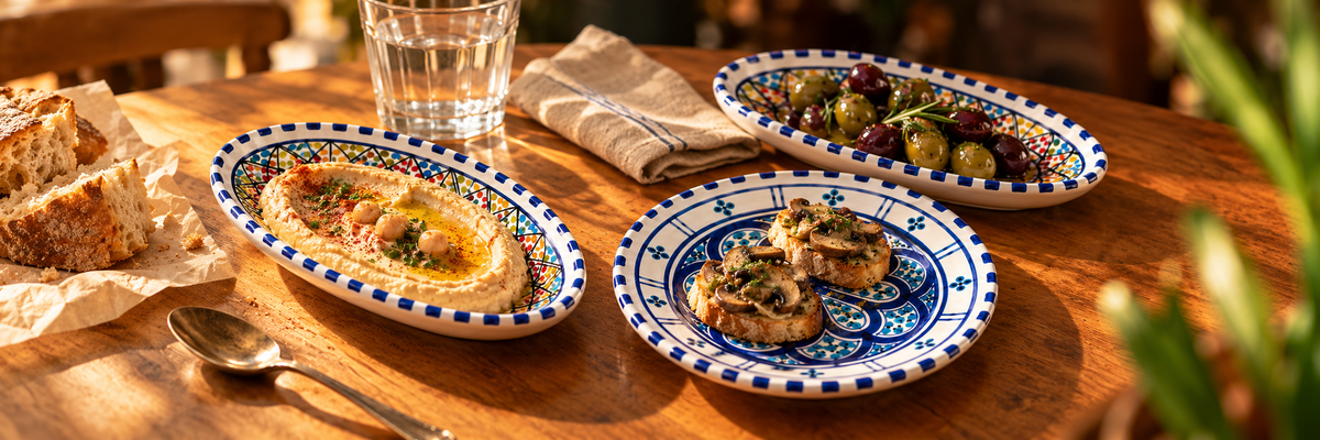 Petits plats ovales Médina garnis de houmous et d’olives, avec une assiette Sidi Bou Saïd de tartines aux champignons sur une table en bois.
