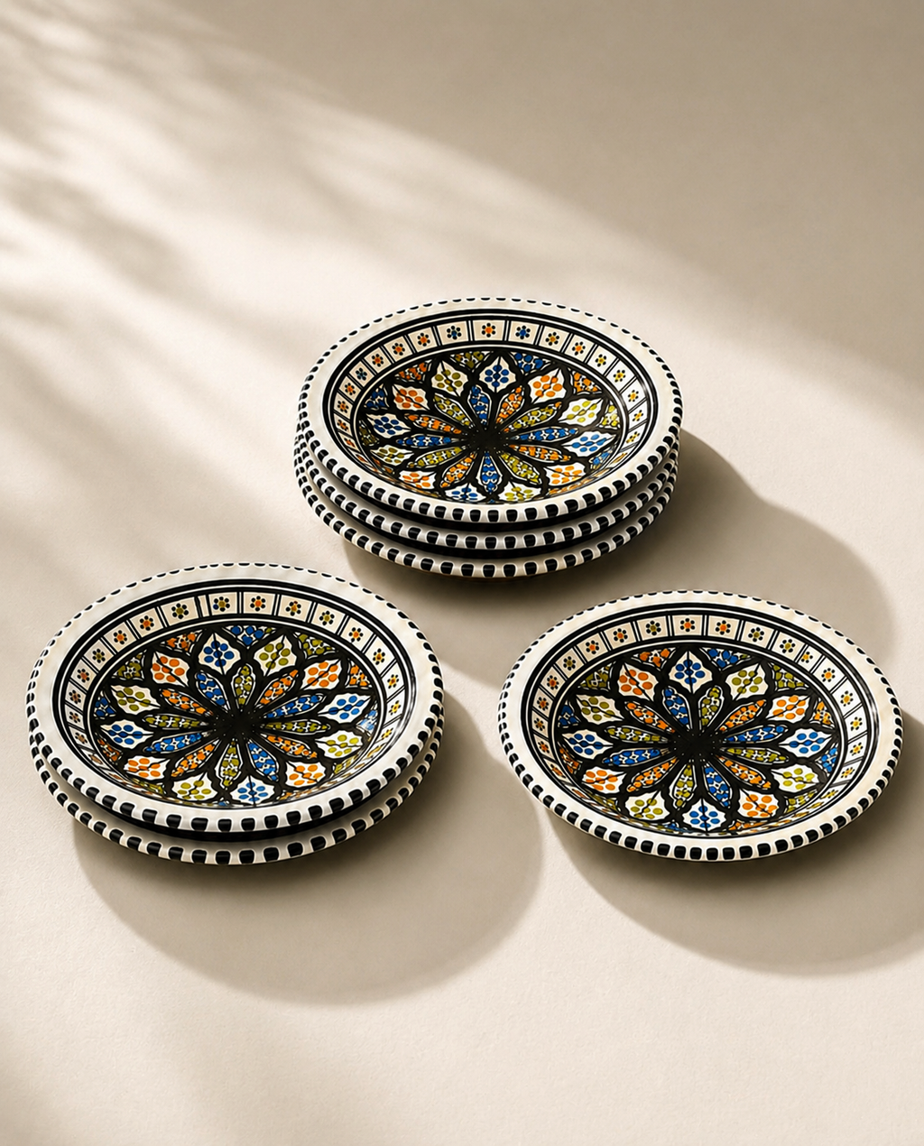 Composition de plusieurs assiettes en céramique artisanale de la Collection Djerba – KARTAJ