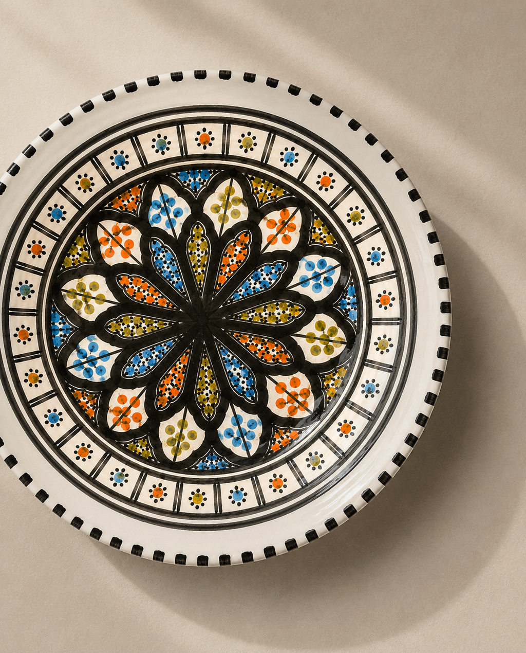 Gros plan sur les motifs peints à la main de l'assiette à pâtes en céramique artisanale, Collection Djerba – KARTAJ