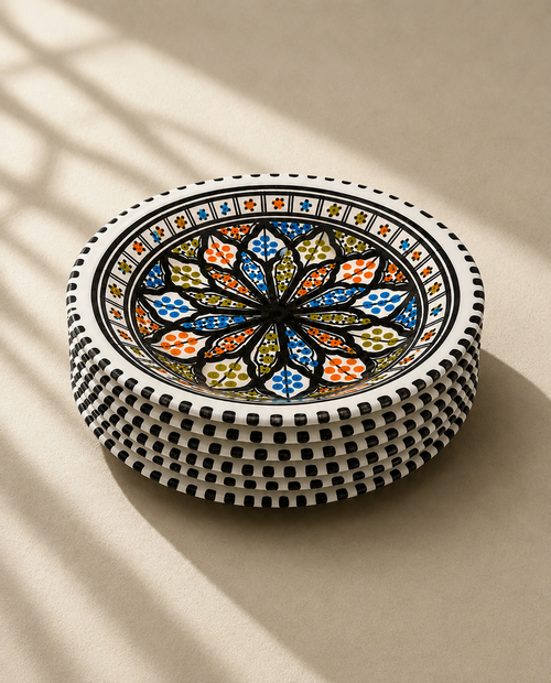 Vue inclinée de l'assiette à pâtes en céramique artisanale, Collection Djerba – KARTAJ