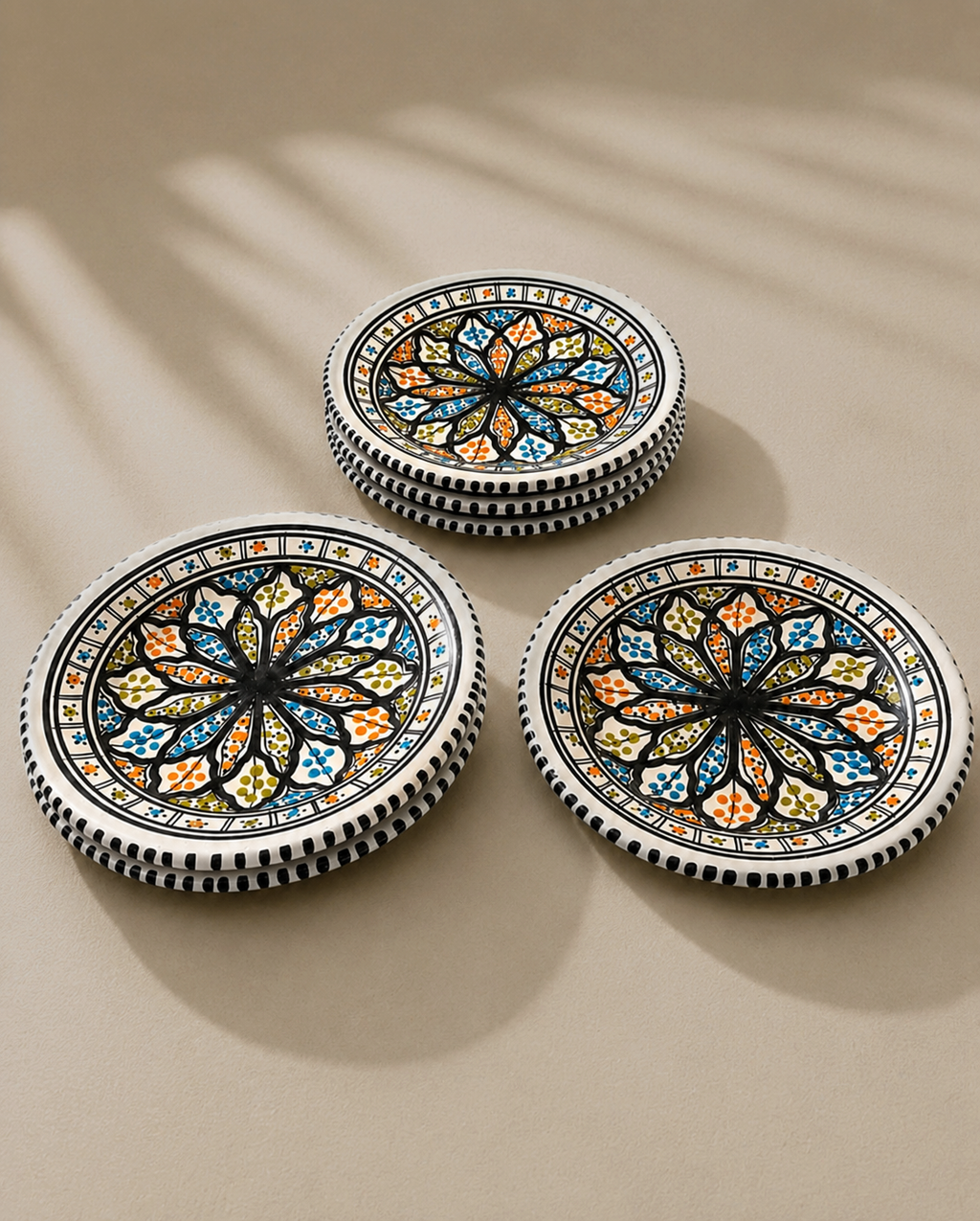 Lot d'assiettes plates en céramique artisanale tunisienne de la collection Djerba.