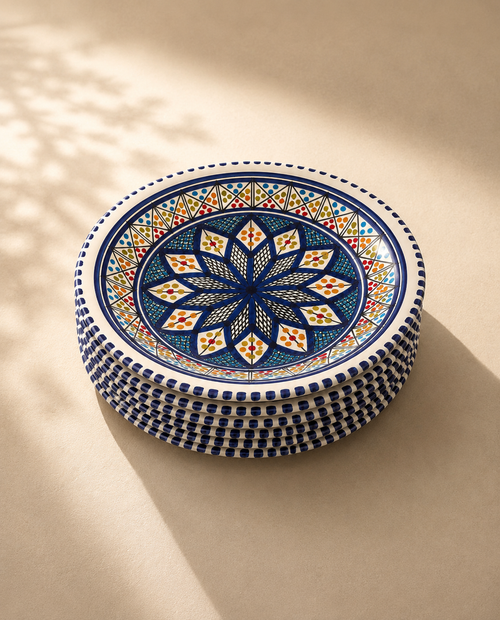 Pile d'assiettes à pâte en céramique artisanale tunisienne de la collection Médina.